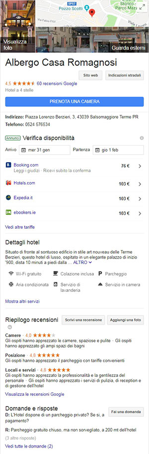 Una scheda local di un hotel nei risultati di ricerca di Google