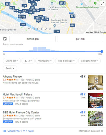 I risultati local per la ricerca "hotel firenze" su Google