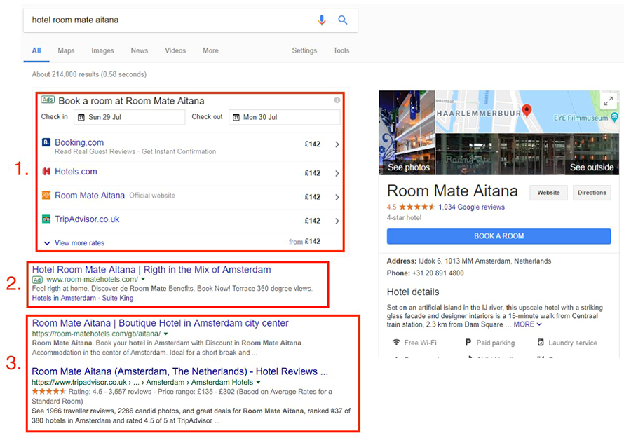 Nuova pagina di risultati su Google per hotel