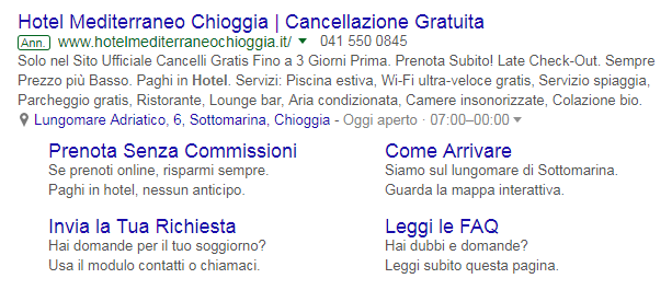 Annuncio di testo di un hotel su Google